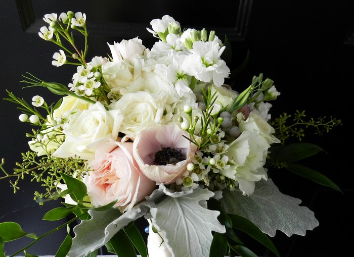 White and pink floral bouquet with roses and anemones