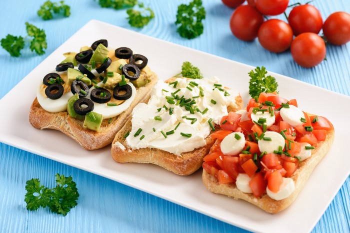 Three Bruschetta Toasts with Toppings