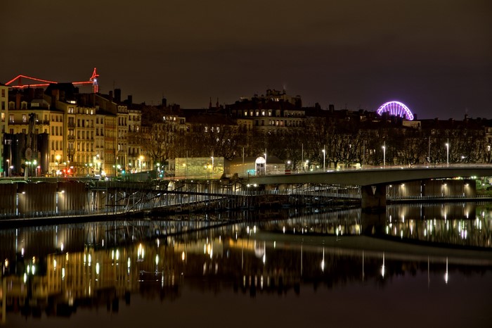 Lyon at Night with River and Bridge