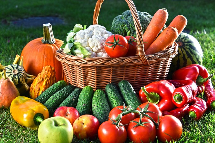Vegetables and fruits in a wicker basket