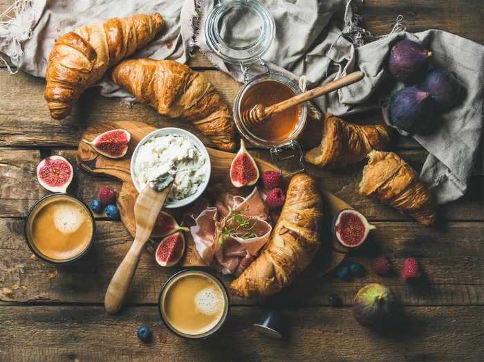 4K Breakfast with Croissants, Coffee, Figs, and Ham