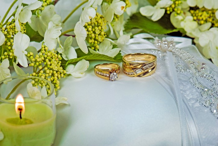 Wedding rings with flowers and candle