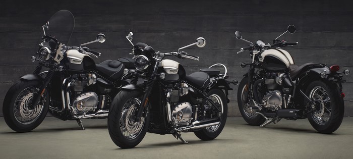 Three 2017 Triumph Bonneville Speedmaster motorcycles