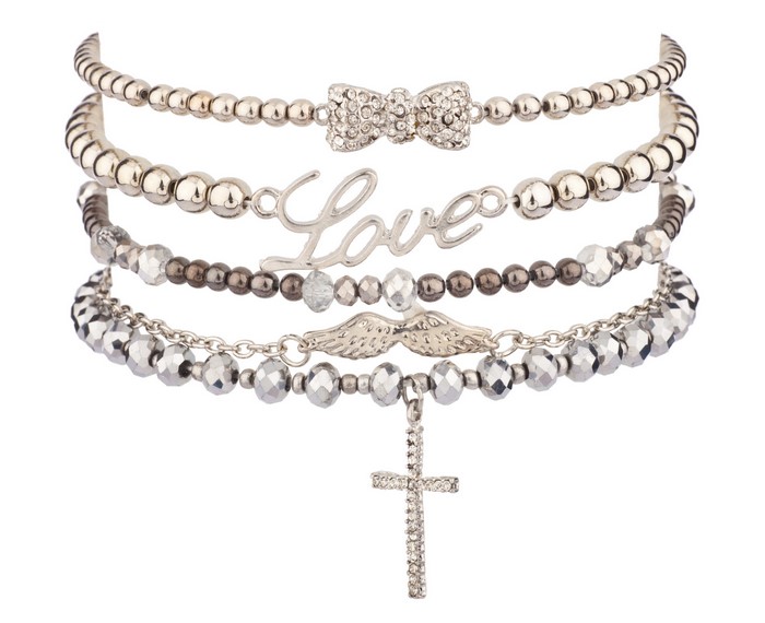 Set of four stacked bracelets with charms