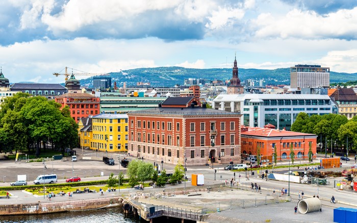 Oslo, Norway cityscape with colorful buildings and harbor