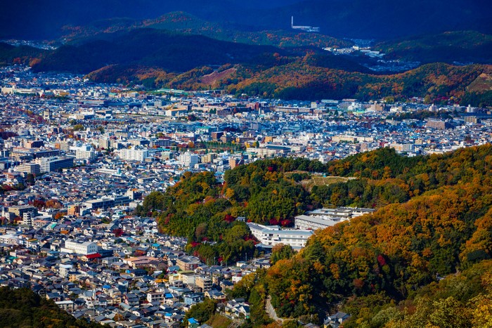 Aerial view of Kyoto, Japan in autumn