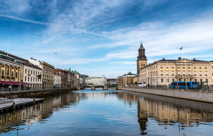 Gothenburg, Sweden Riverfront with Buildings and Tower