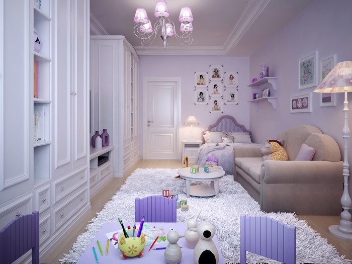 Children's room interior design with sofa and chandelier