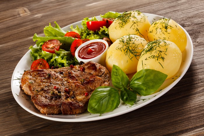 Steak with Potatoes and Salad on a Plate