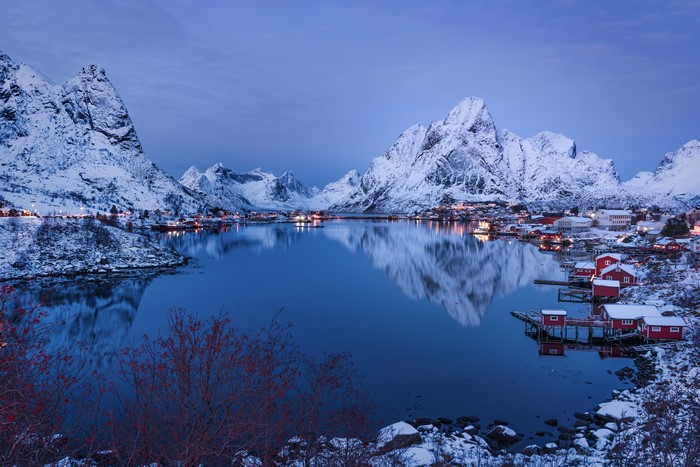 Reine, Lofoten, Norway: Snowy Mountains and Village by the Water