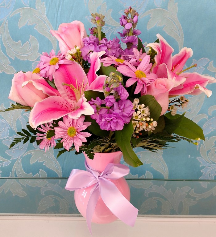 Pink Lily and Rose Bouquet in Pink Vase