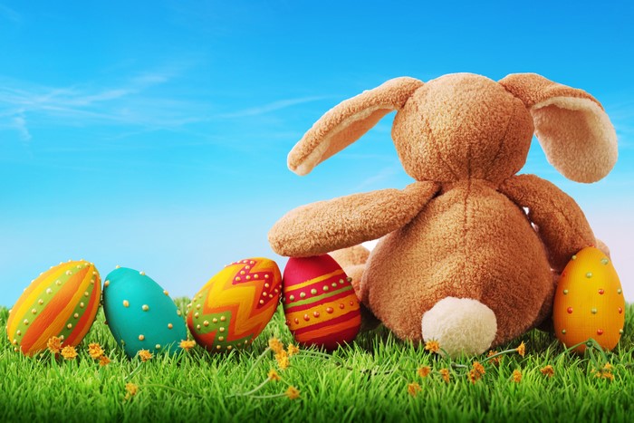 Easter Bunny and Decorated Eggs on Grass
