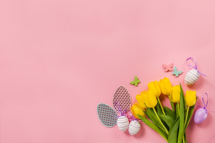 Yellow Tulips and Easter Eggs on Pink Background