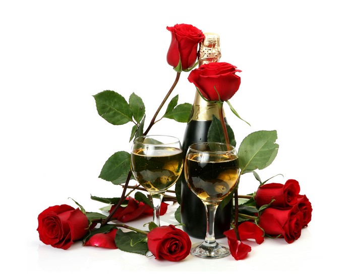 Champagne bottle with red roses and wine glasses