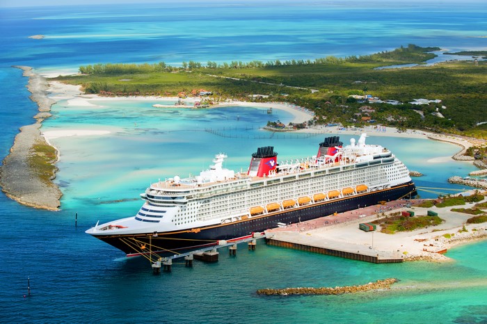 Disney Cruise Line ship docked at tropical island