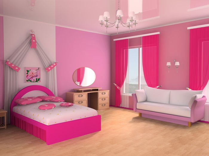 Pink Children's Bedroom Interior Design with Bed and Sofa