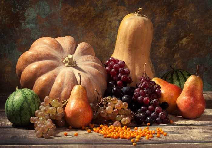 Still life with pumpkins, pears, grapes, watermelons, and berries