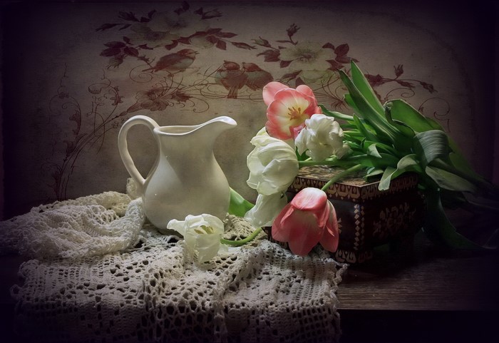Still-life with tulips and a white jug