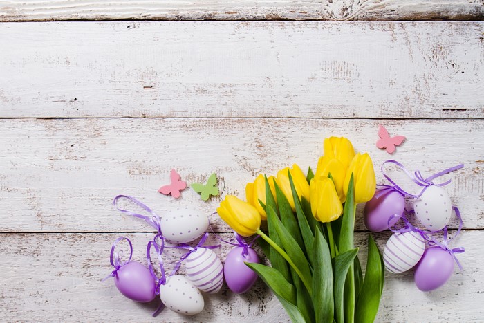Easter Tulips and Eggs on Wood Planks
