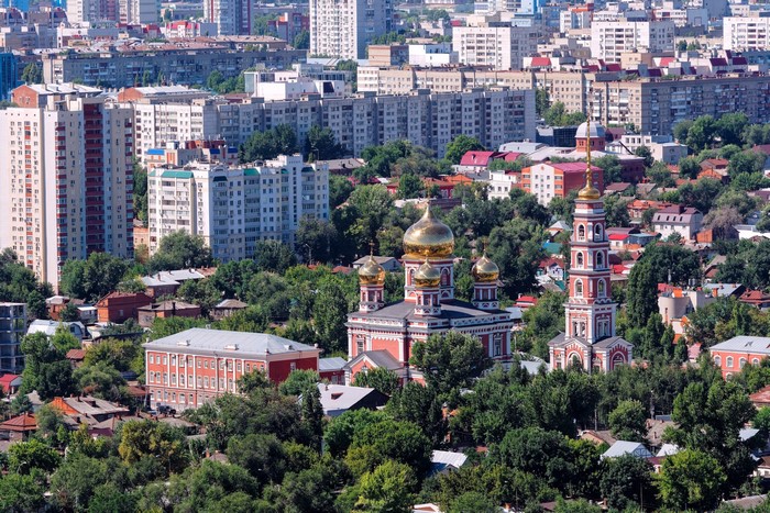 Saratov, Russia: Cityscape with Orthodox Churches and Residential Buildings