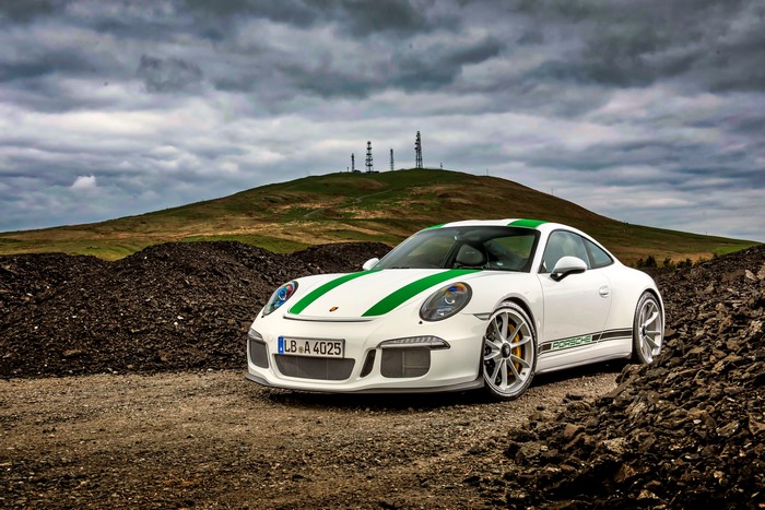 White Porsche 911 Turbo Coupe with Green Stripes