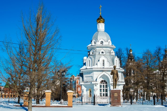 Monument and Church in Yoshkar-Ola, Russia in Winter