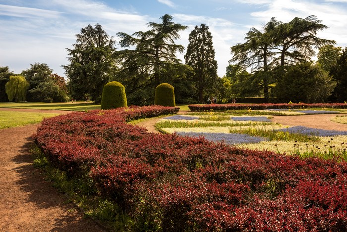Nordpark Duesseldorf Germany garden with flower beds and trees