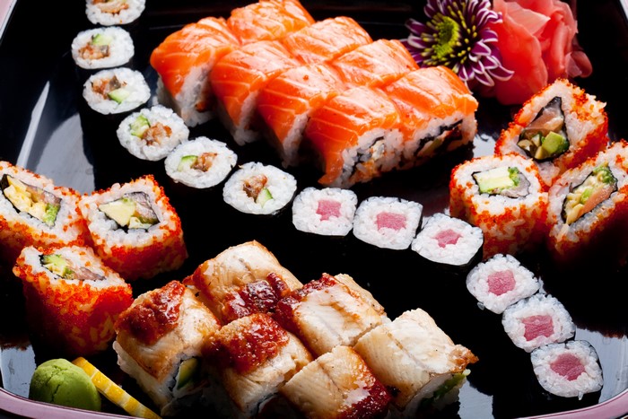 Assortment of sushi and rolls on a platter