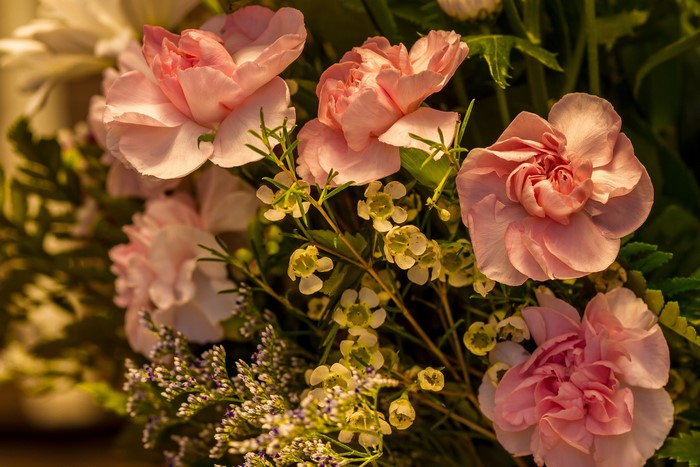 Pink Carnations and Small White Flowers Bouquet