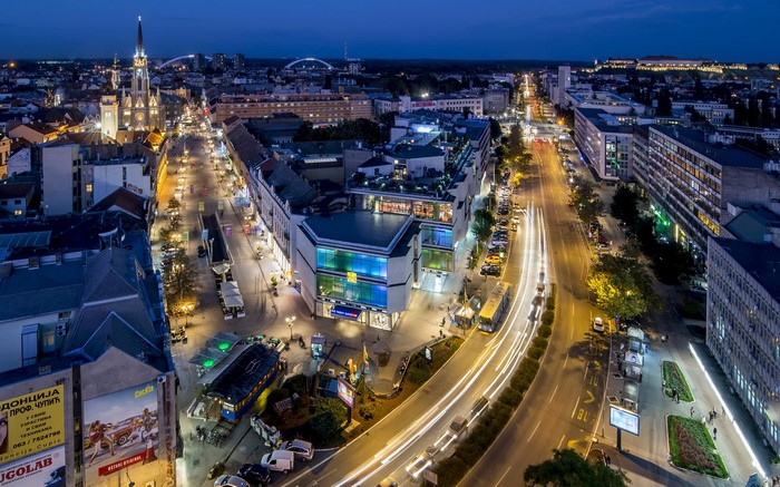 Novi Sad, Serbia at Dusk with City Lights
