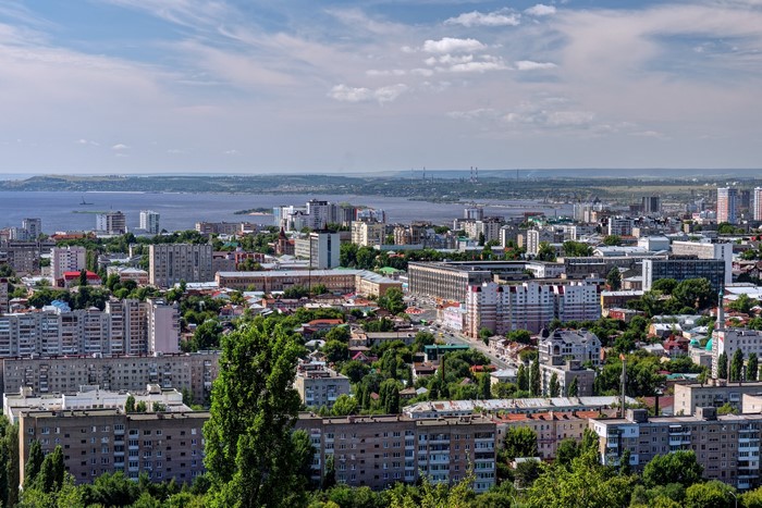 Saratov, Russia cityscape with river and buildings