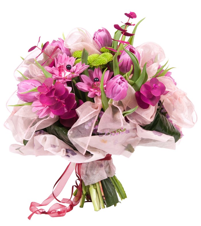 Bouquet of pink orchids and tulips with ribbon