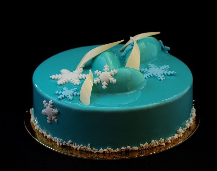 Blue Mirror Glaze Cake with Snowflakes