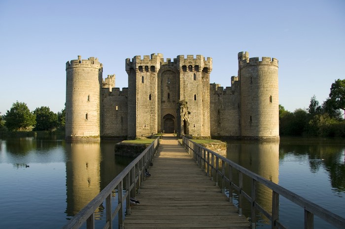 Bodiam Castle, England, with a wooden bridge over a moat