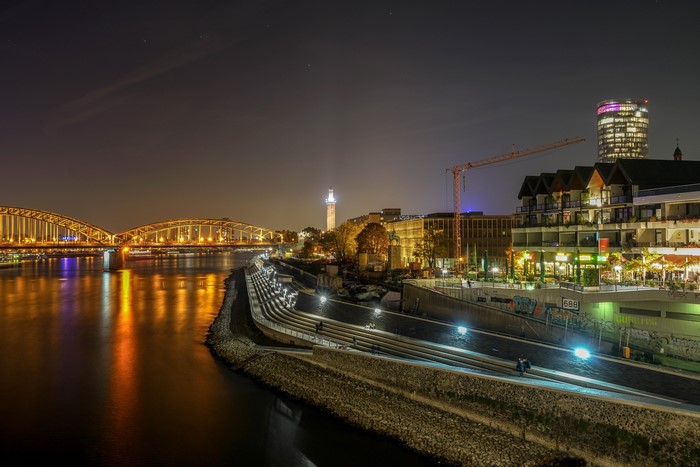 Cologne at Night with Rhine River and Bridge