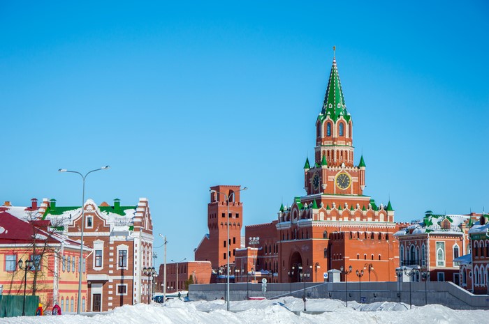 Yoshkar-Ola, Russia Winter Scene with Clock Tower