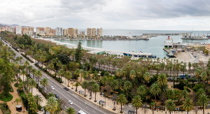 Malaga Andalusia Coastline with Port and Palm Trees