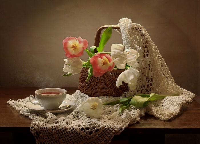Still-life with tulips and tea