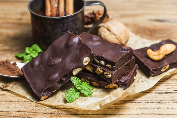 Chocolate bars with nuts and mint