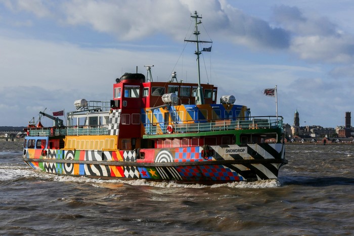 The "Snowdrop" riverboat with colorful Dazzle camouflage