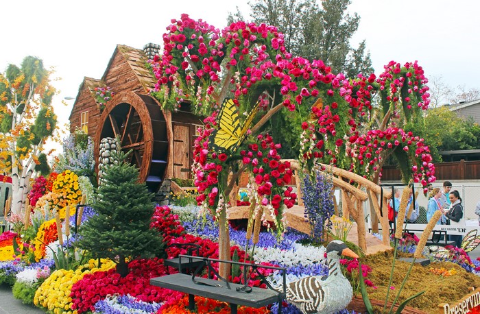 Rose Parade Float with Watermill, Butterflies, and Ducks