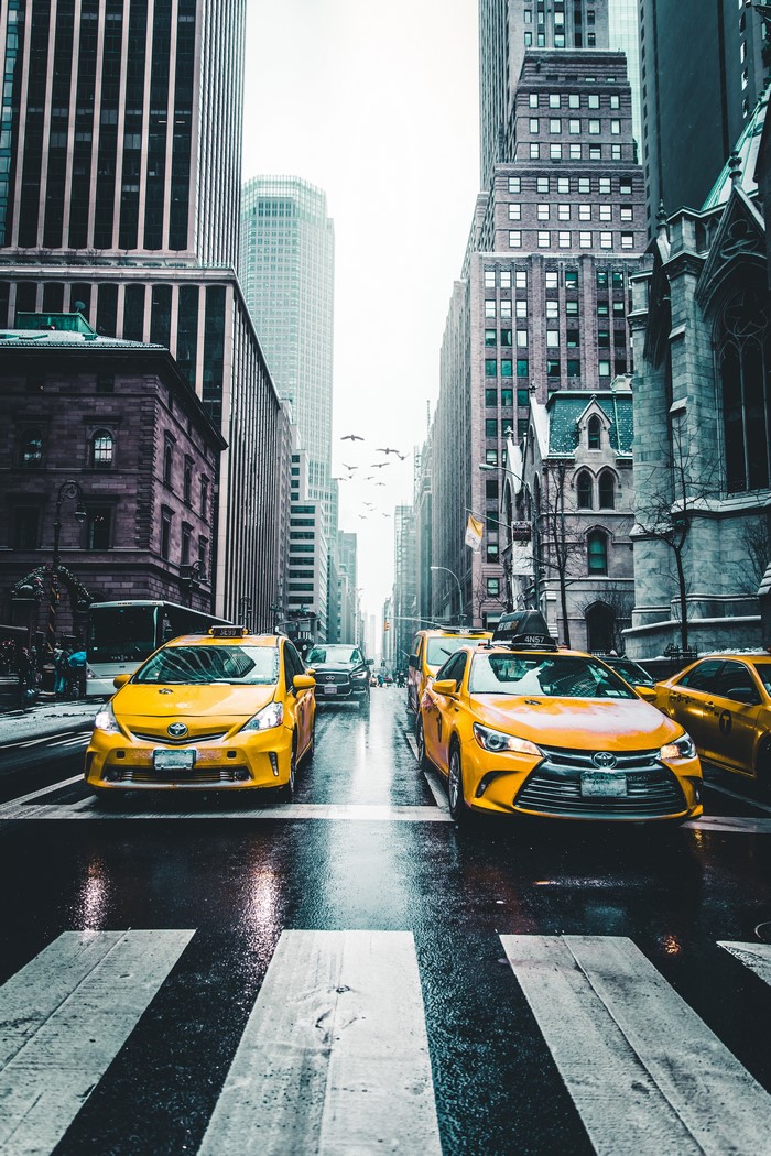 Yellow Taxis on a Wet New York City Street