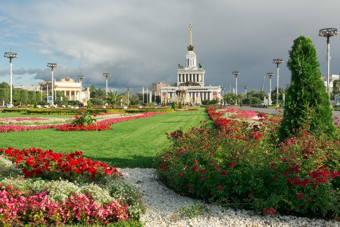 VDNKh park in Moscow, Russia with flower beds and fountains