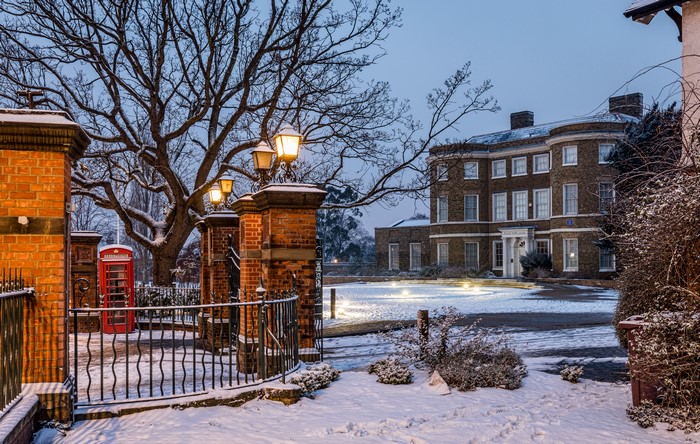 Winter evening at Higham Hill, London with snow