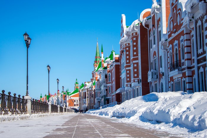Street lights and buildings in Yoshkar-Ola, Russia during winter