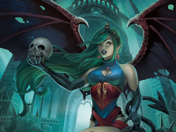 Evelyn the Vampire holding a skull with wings