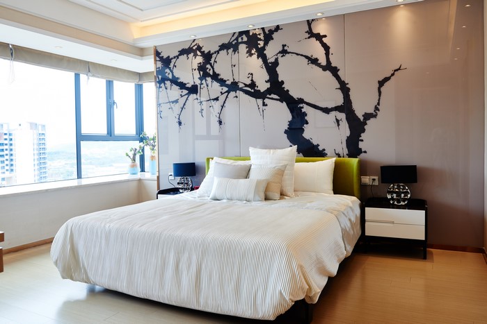 Bedroom Interior Design with Large Window and Wall Art