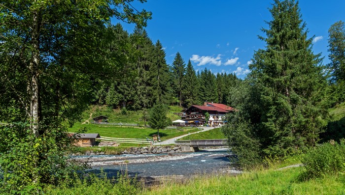 Mountain restaurant by river in Oberstdorf, Germany