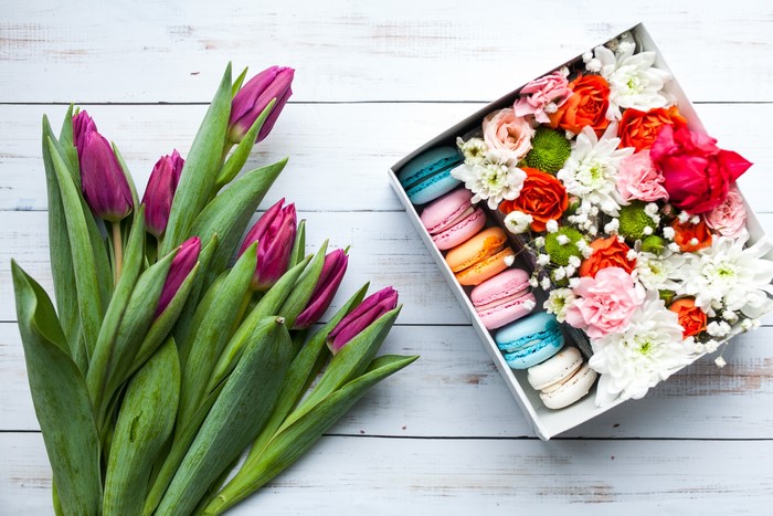 Purple Tulips and Macarons in a Gift Box