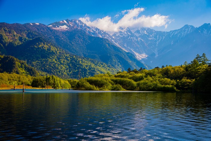 Taisho Pond and Snow-Capped Mountains in Japan